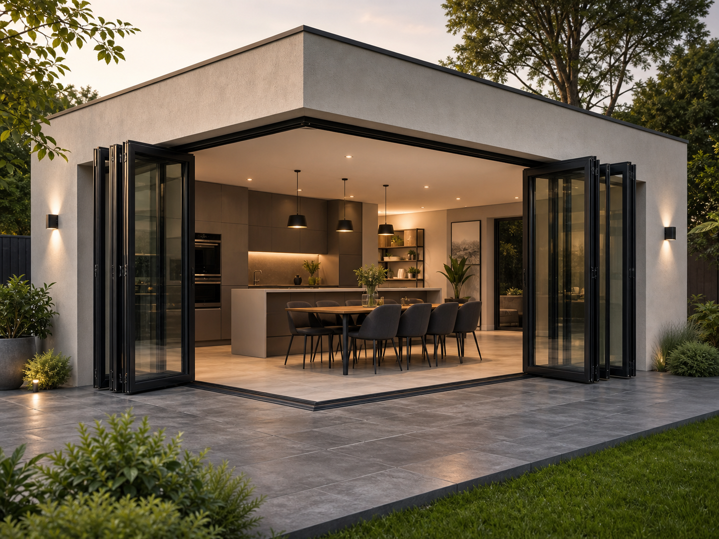 Corner bifold doors opening a dining space to the garden