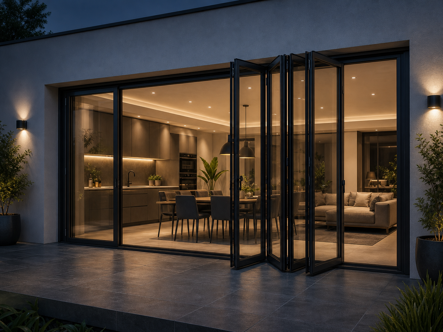 Evening view of black aluminium bifold doors with warm interior lighting
