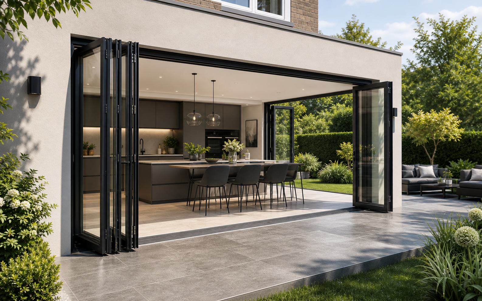 Modern kitchen extension with black aluminium bifold doors opening into a garden