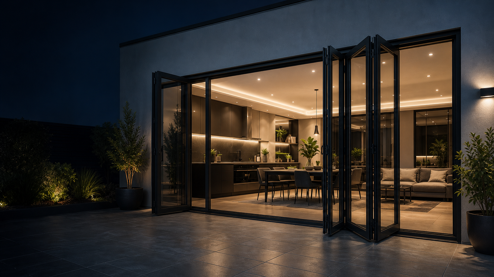 Luxury aluminium bifold installation with warm lighting
